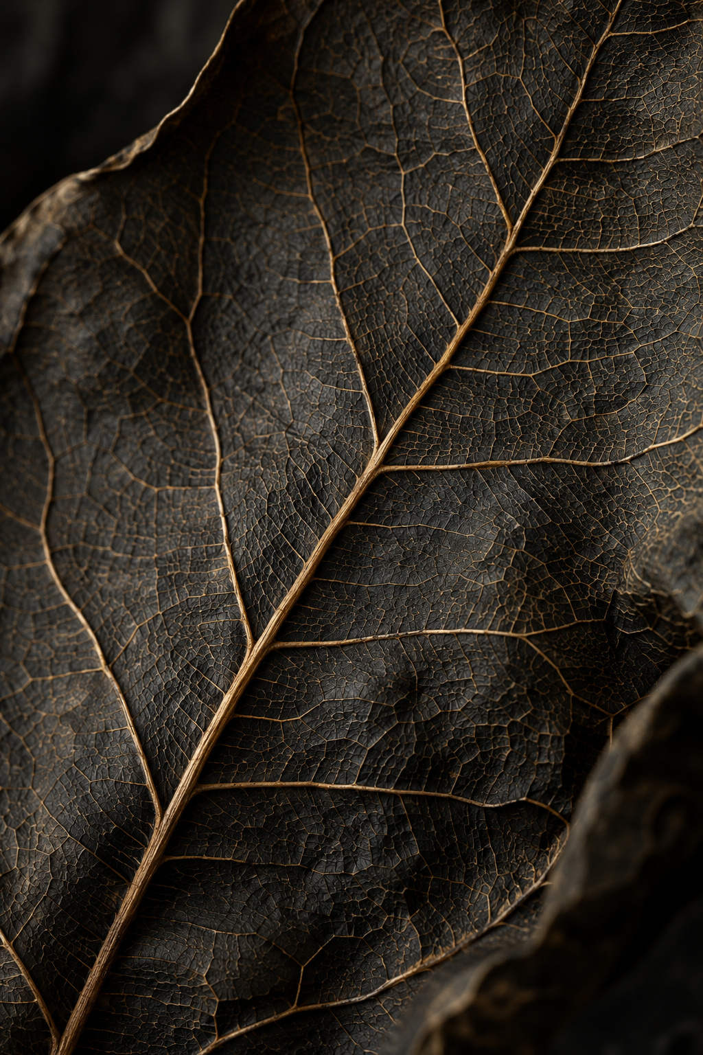 Nervures de feuille noire, photographie macro