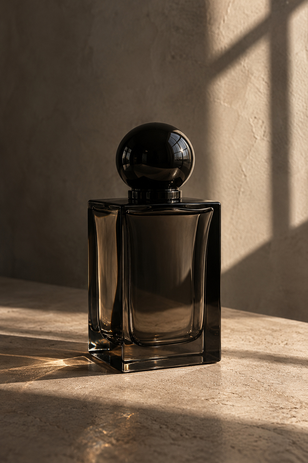 Flacon sculptural en verre fumé — inspiration d’ambiance